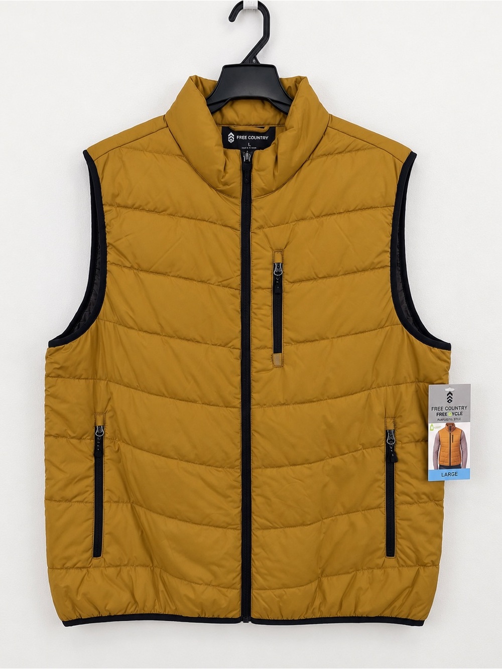Free Country Men's Mustard Quilted Puffer Vest with Black Trim
